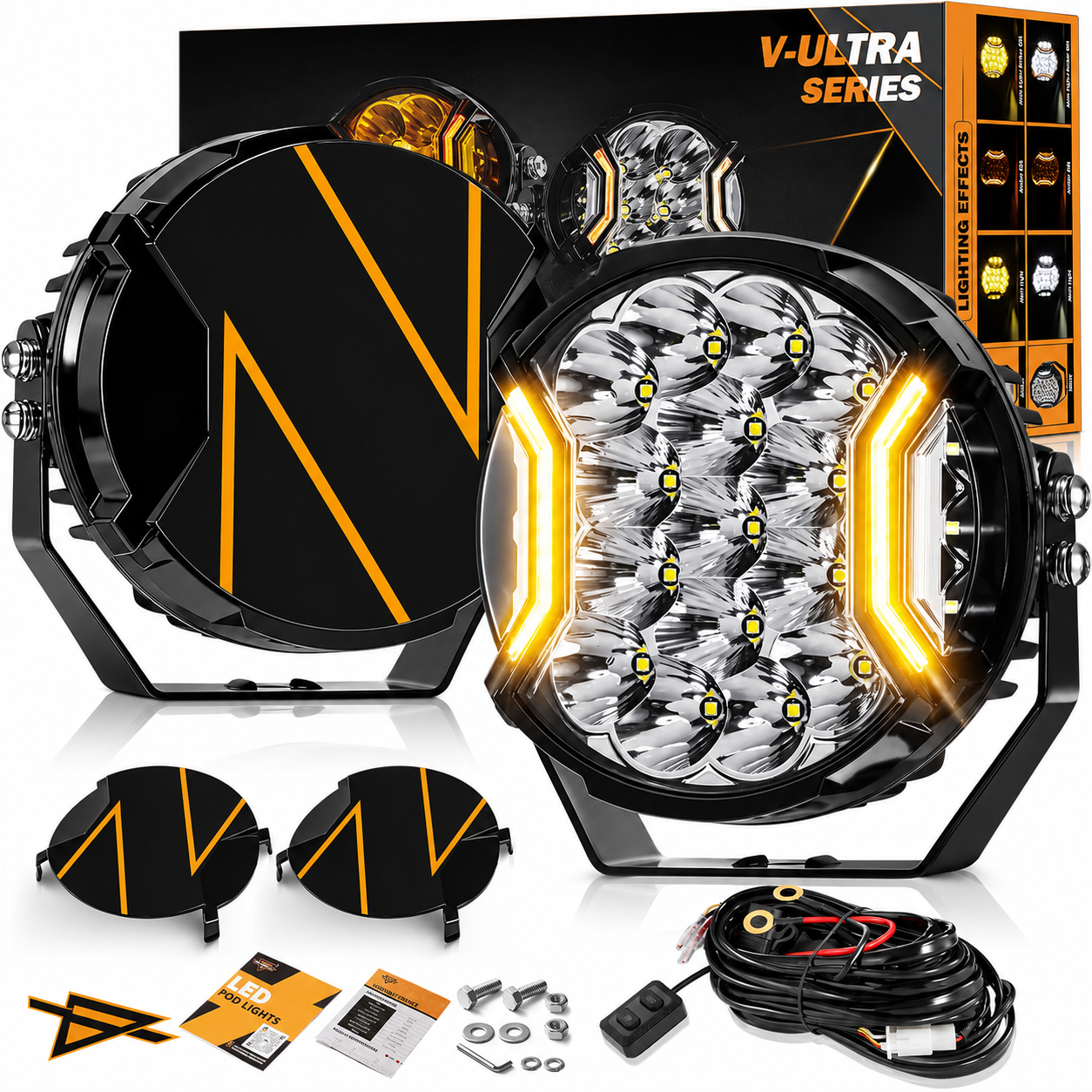 Truck Legion Set of 2 V-Ultra Series 3 Inch 108W LED Round Pods, 3 Modes Offroad Driving Side Shooter Light with Amber DRL, 270° Ultra-Wide Amber Cube Universal Spotlights with Covers & DT Plug Wiring Harness