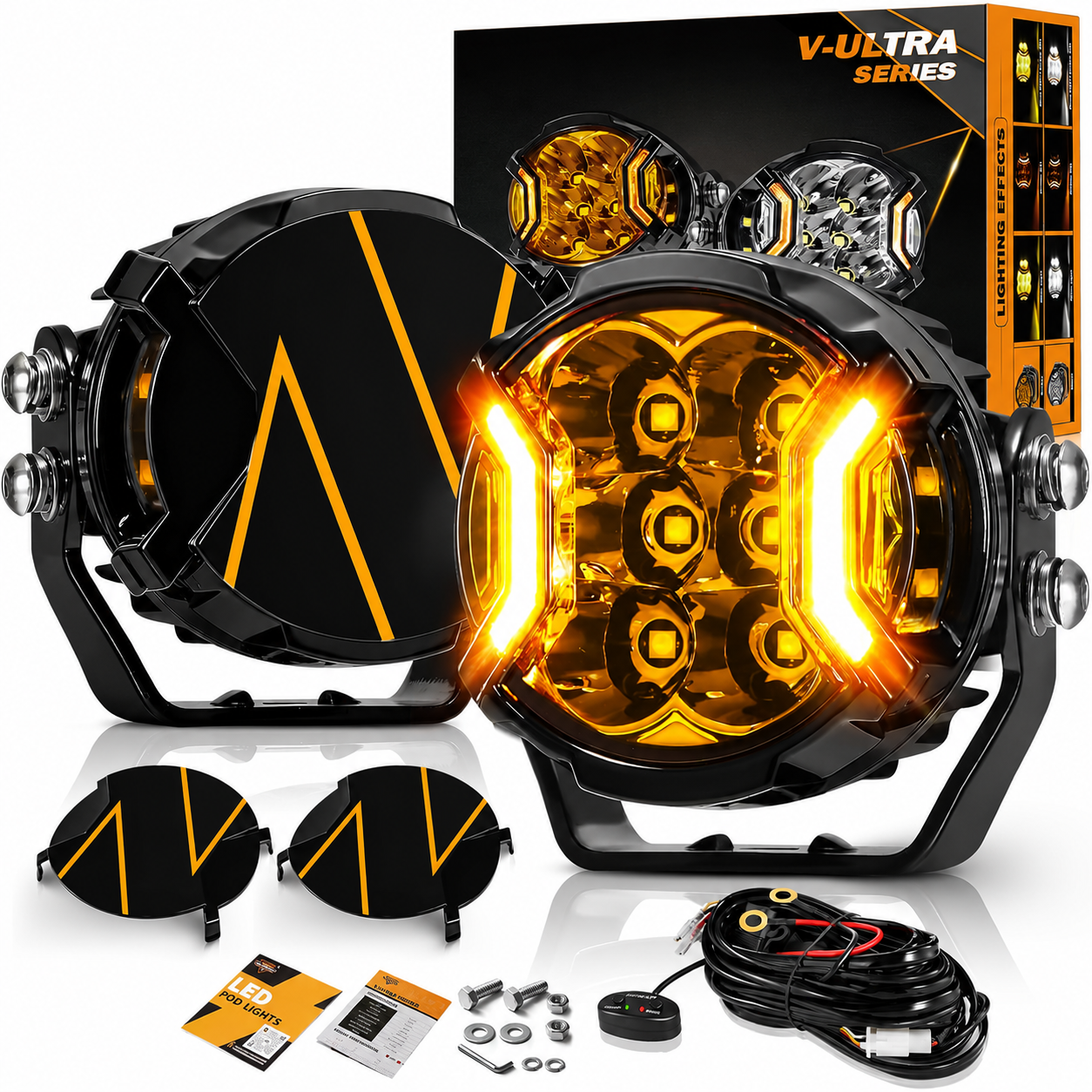 Truck Legion Set of 2 V-Ultra Series 3 Inch 108W LED Round Pods, 3 Modes Offroad Driving Side Shooter Light with Amber DRL, 270° Ultra-Wide Amber Cube Universal Spotlights with Covers & DT Plug Wiring Harness